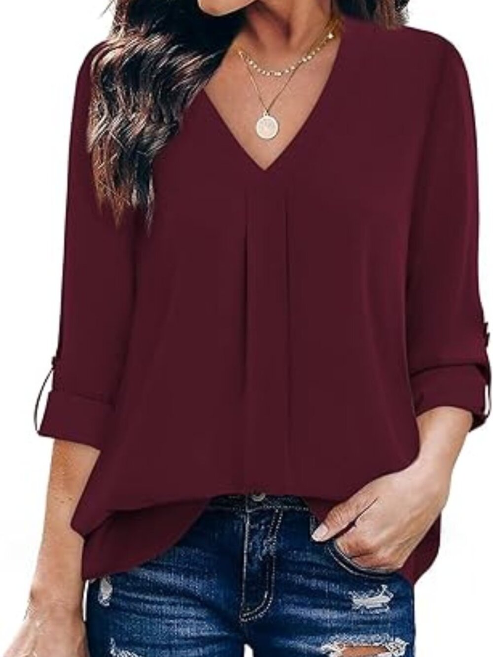 Youtalia Womens Wine Red Blouse Dressy Casual Business Tops 3/4 Sleeve V Neck-Lg